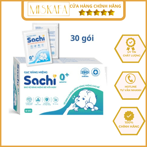 Gạc rơ lưỡi Sachi, Gạc răng miệng Sachi 0+ (Hộp 30 gạc) dịch chiết lá hẹ - Giúp Vệ sinh răng miệng lưỡi nướu cho bé