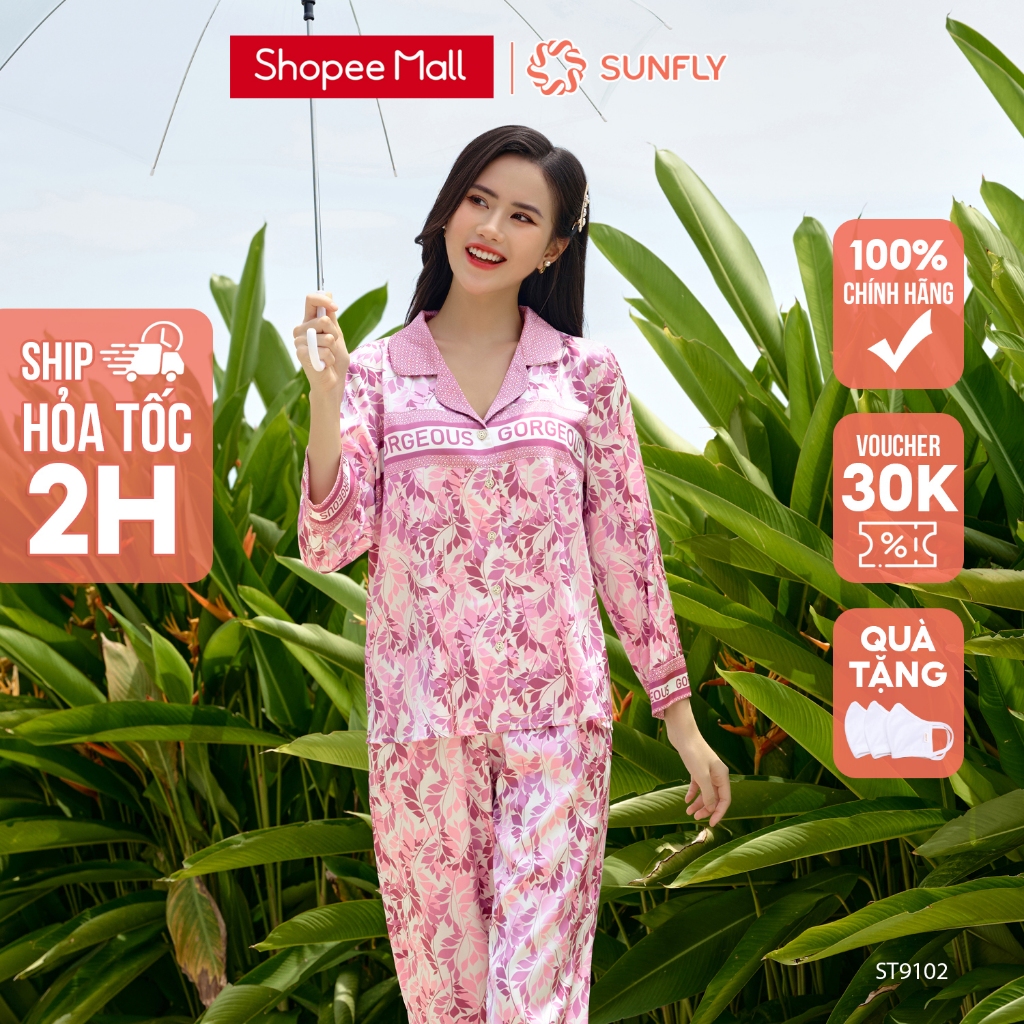 Bộ Đồ Mặc Nhà Nữ Pyjamas Lụa SUNFLY Áo Tay Lỡ Quần Dài ST8887 - ST9102