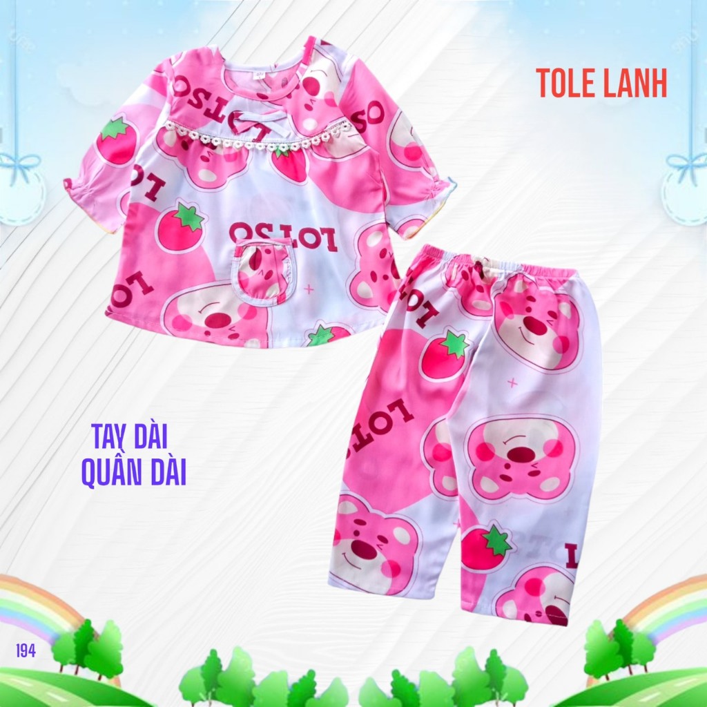 Đủ size. Bộ đồ ngủ bé gái chất tole/lanh tay dài quần dài. Từ 4-28 kí mặc. Bộ tole 2 da loại 1 siêu mát, siêu dể thương.