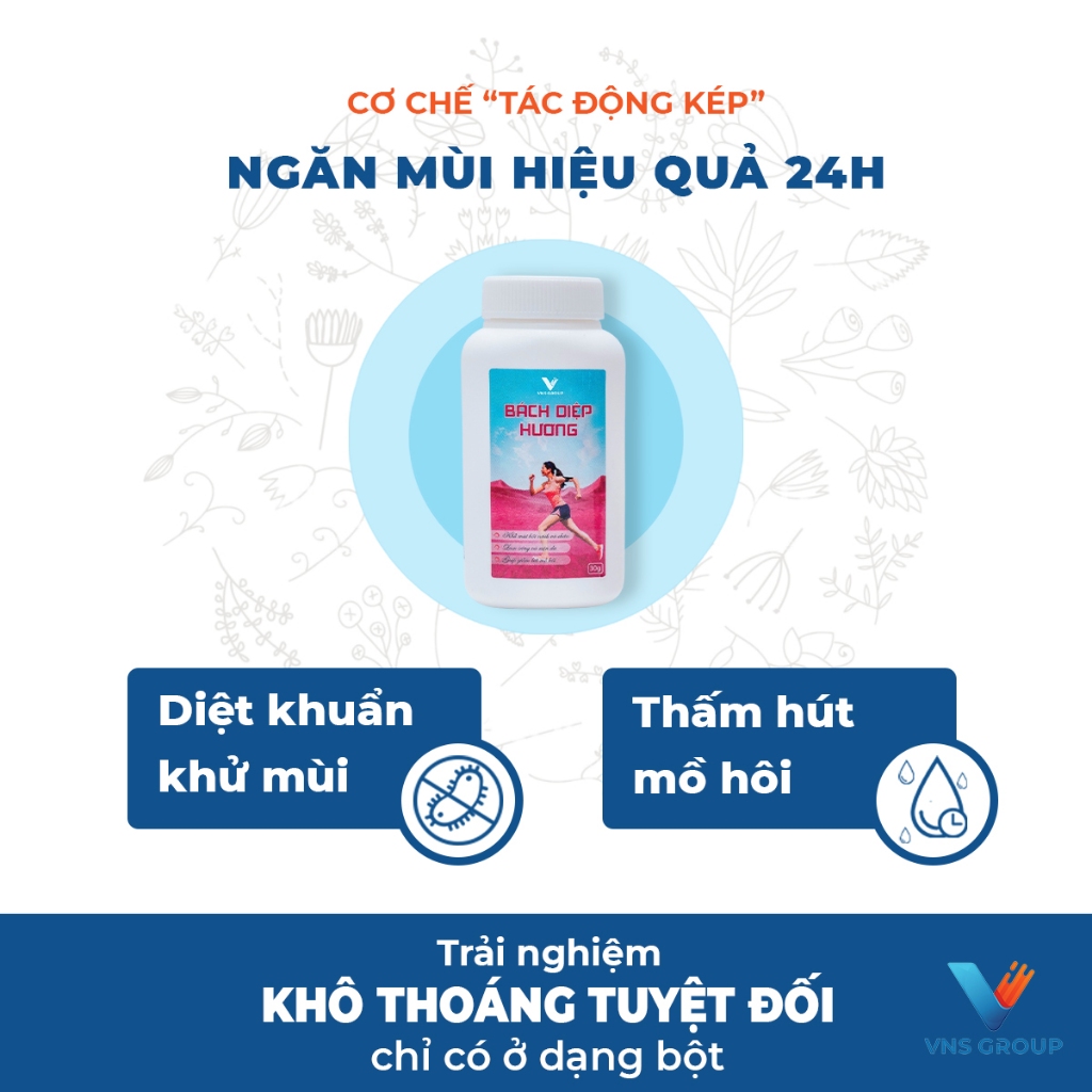 Combo 3 Bột Khử Mùi Hôi Nách Hôi Chân Bách Diệp Hương VNS Group ngăn tiết mồ hôi cơ thể và làm sáng mịn da 30g/lọ