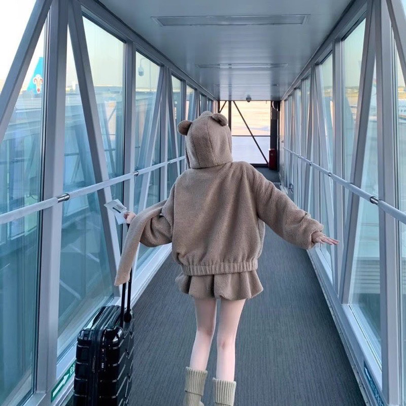 Set áo choàng gấu+ quần short bí lông