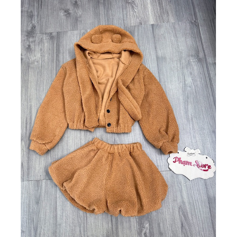 Set áo choàng gấu+ quần short bí lông
