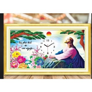 Tranh thêu đồng hồ chúa kt  66x38 cm/ tranh đính đá kt 79x45 cm