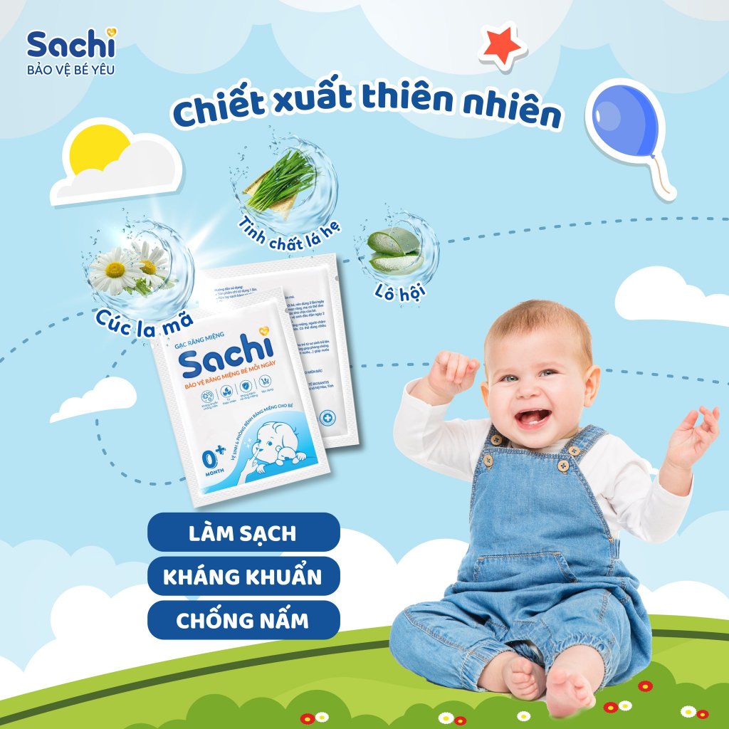 Gạc rơ lưỡi Sachi, Gạc răng miệng Sachi 0+ (Hộp 30 gạc) dịch chiết lá hẹ - Giúp Vệ sinh răng miệng lưỡi nướu cho bé
