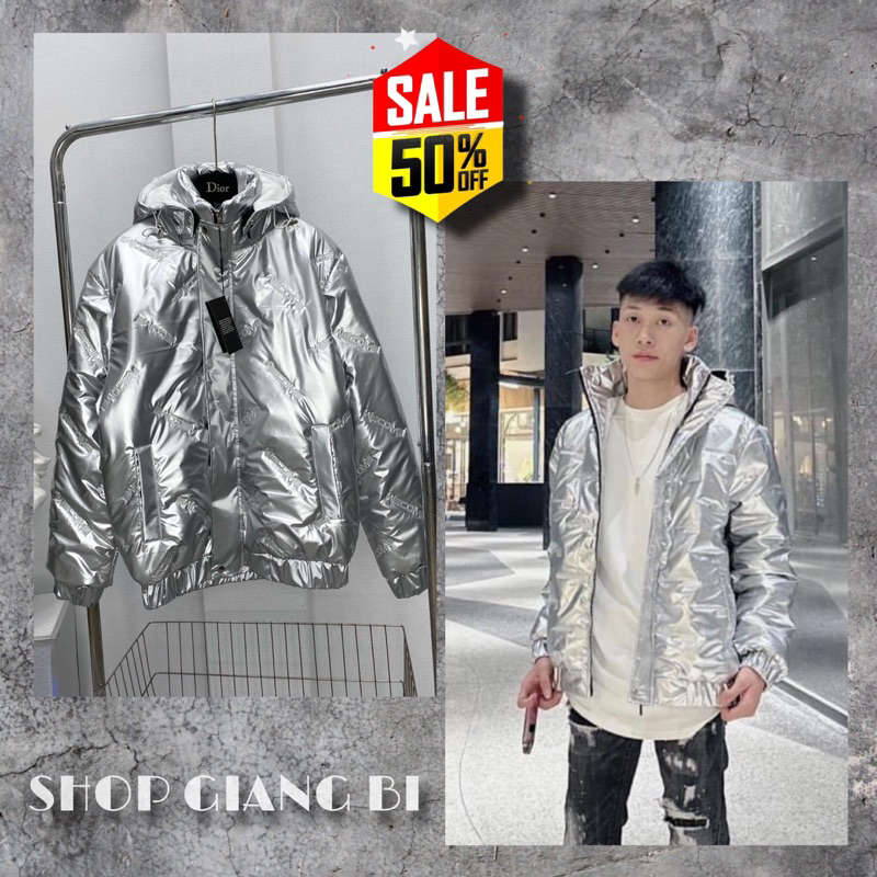 Áo khoác phao bóng dập nổi chữ wecome phối mũ bạc,áo phao bóng màu bạc có mũ bản hot trend 2024