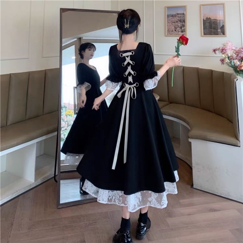 Đầm tiểu thư đan dây lưng dáng xoè phối ren