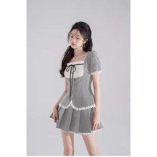 BIGSIZE HIẾU HIẾU (55-95KG) - Set bộ nữ xám phối viền ren áo có dây cột nơ kèm chân váy xếp li