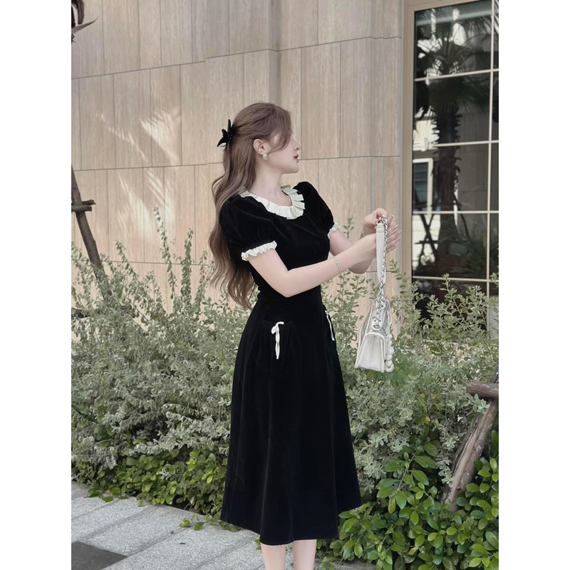 Đầm nhung dài phối cổ xếp 55kg-95kg
