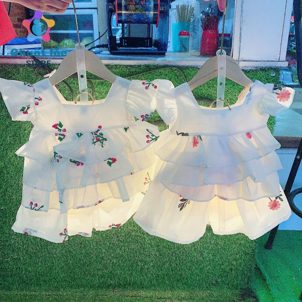Bộ Quần Áo Cho Bé Gái Nhiều Tầng Nhún Bèo Vải Thô Boi Thêu Hoa Xinh Xắn Từ 8kg Đến 20kg