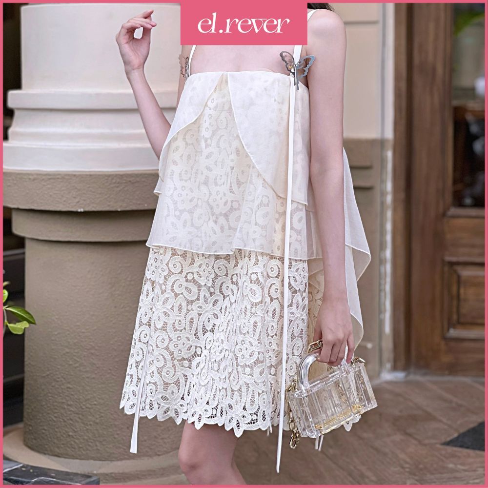 ELRÊVER - Đầm ren nữ dây kèm phụ kiện bạc xinh - Màu kem - 0723D73