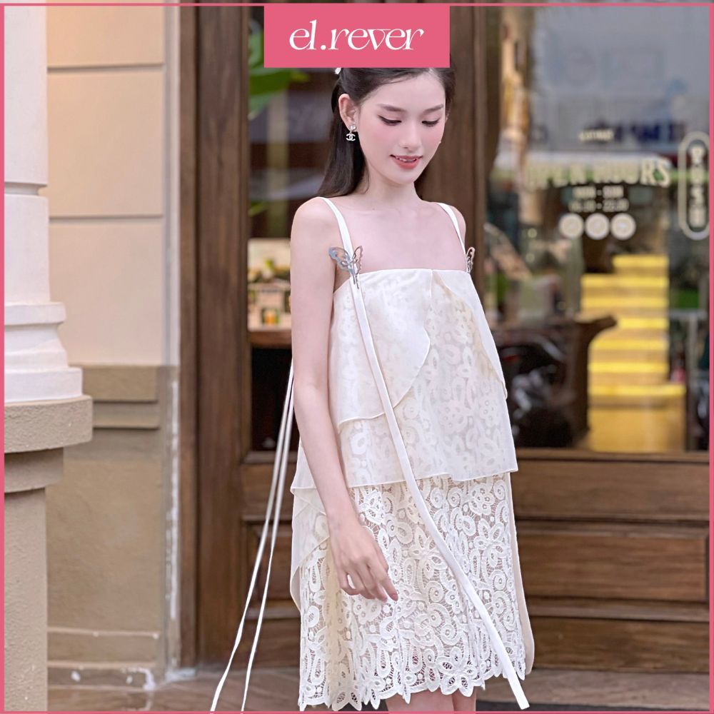 ELRÊVER - Đầm ren nữ dây kèm phụ kiện bạc xinh - Màu kem - 0723D73