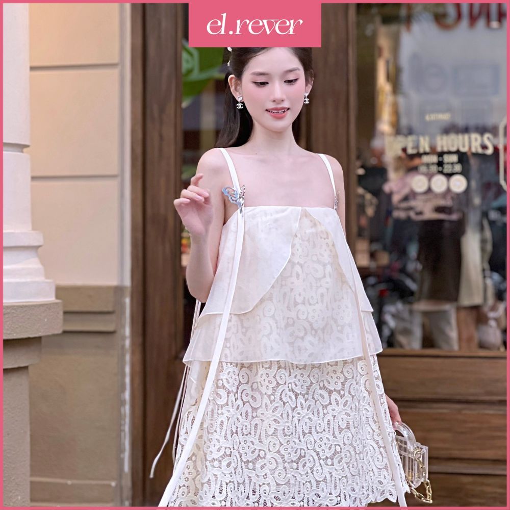 ELRÊVER - Đầm ren nữ dây kèm phụ kiện bạc xinh - Màu kem - 0723D73