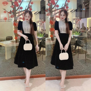 Váy nhung đỏ thiết kế phối ren đính đá, đầm nhung đen may ren ngực hông
