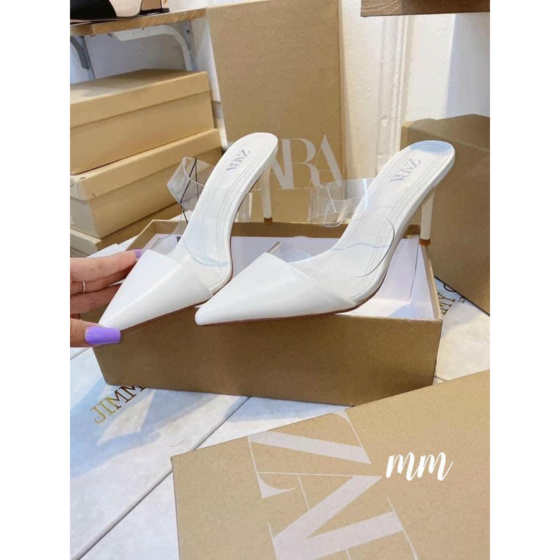 Giày sục mũi nhọn trắng ghi phối quai trong