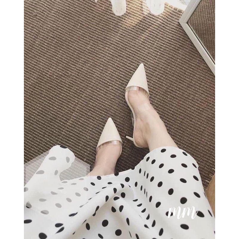 Giày sục mũi nhọn trắng ghi phối quai trong