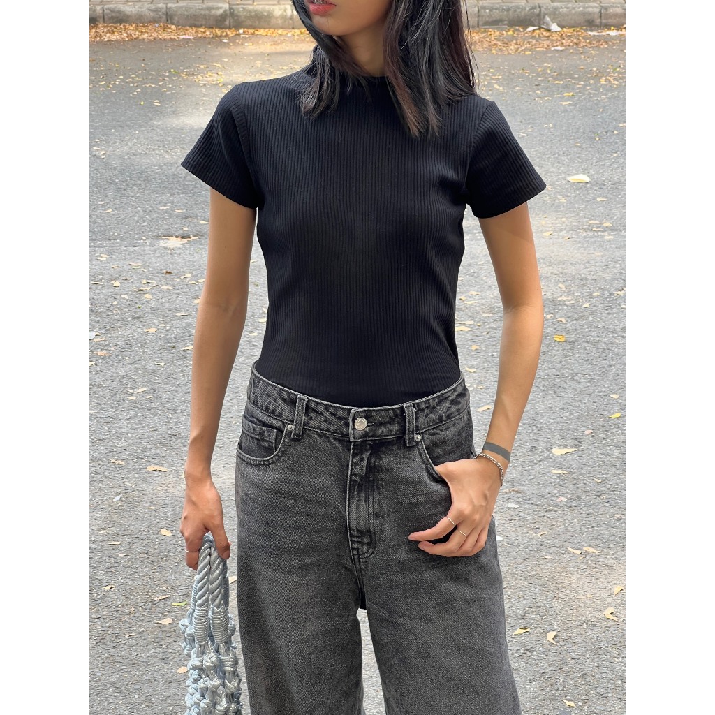 Quần jeans nữ ống rộng form eo cạp thấp dưới rốn - là min - DARK GREY LOOSE FIT JEANS