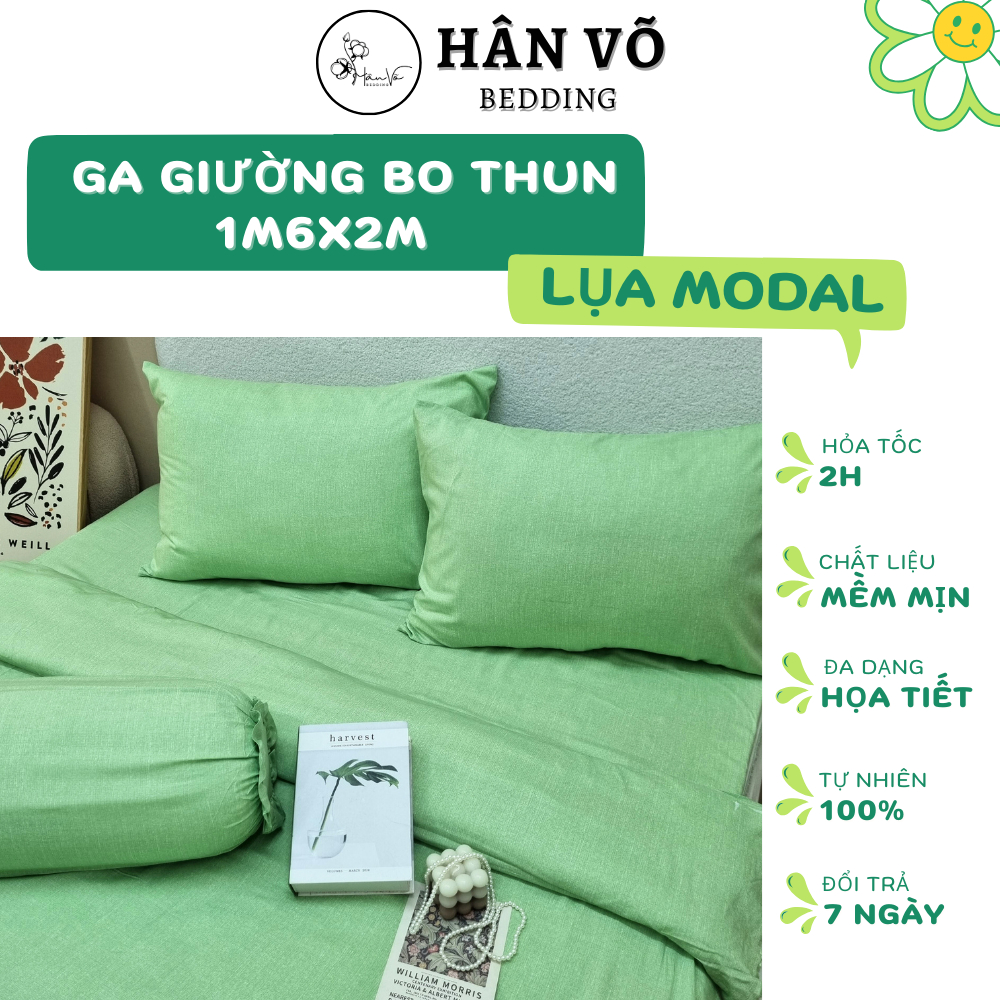 Bộ ga gối 1m6x2m, ga 1m6x2m LỤA MODAL Hân Võ, chất liệu tự nhiên mát mịn cao cấp, set drap gối, ga bo thun họa tiết hoa