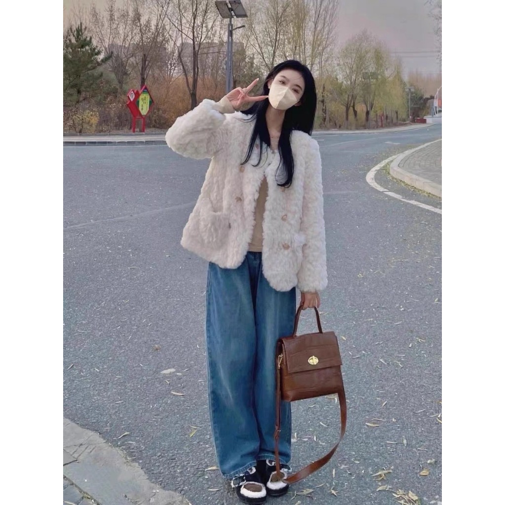 Áo khoác lông cừu dày dặn siêu ấm, áo khoác nữ cúc đồng phong cách Hàn Quốc