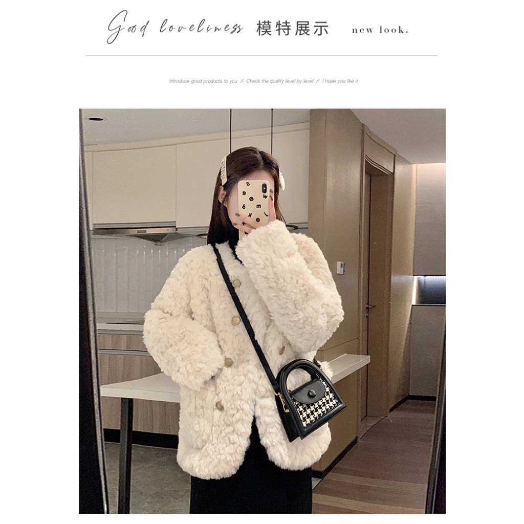 Áo khoác lông cừu dày dặn siêu ấm, áo khoác nữ cúc đồng phong cách Hàn Quốc