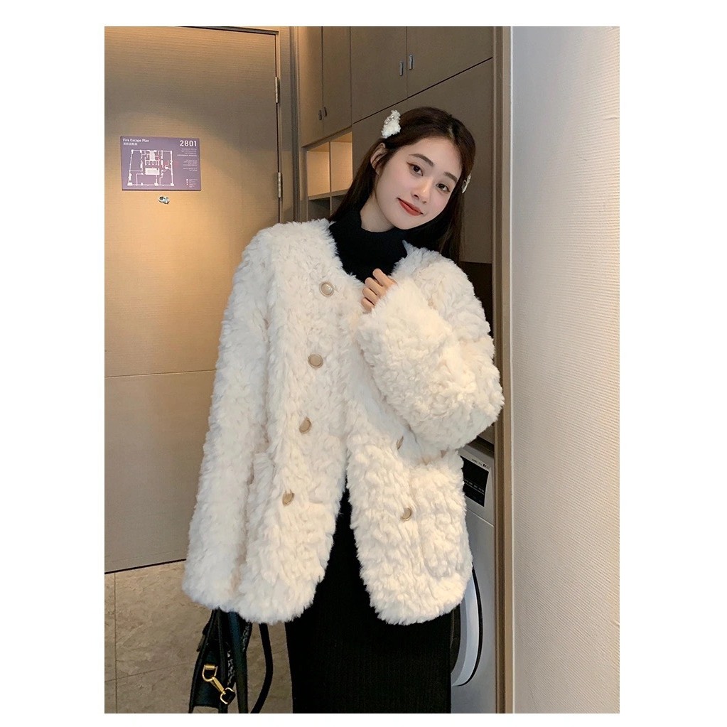 Áo khoác lông cừu dày dặn siêu ấm, áo khoác nữ cúc đồng phong cách Hàn Quốc