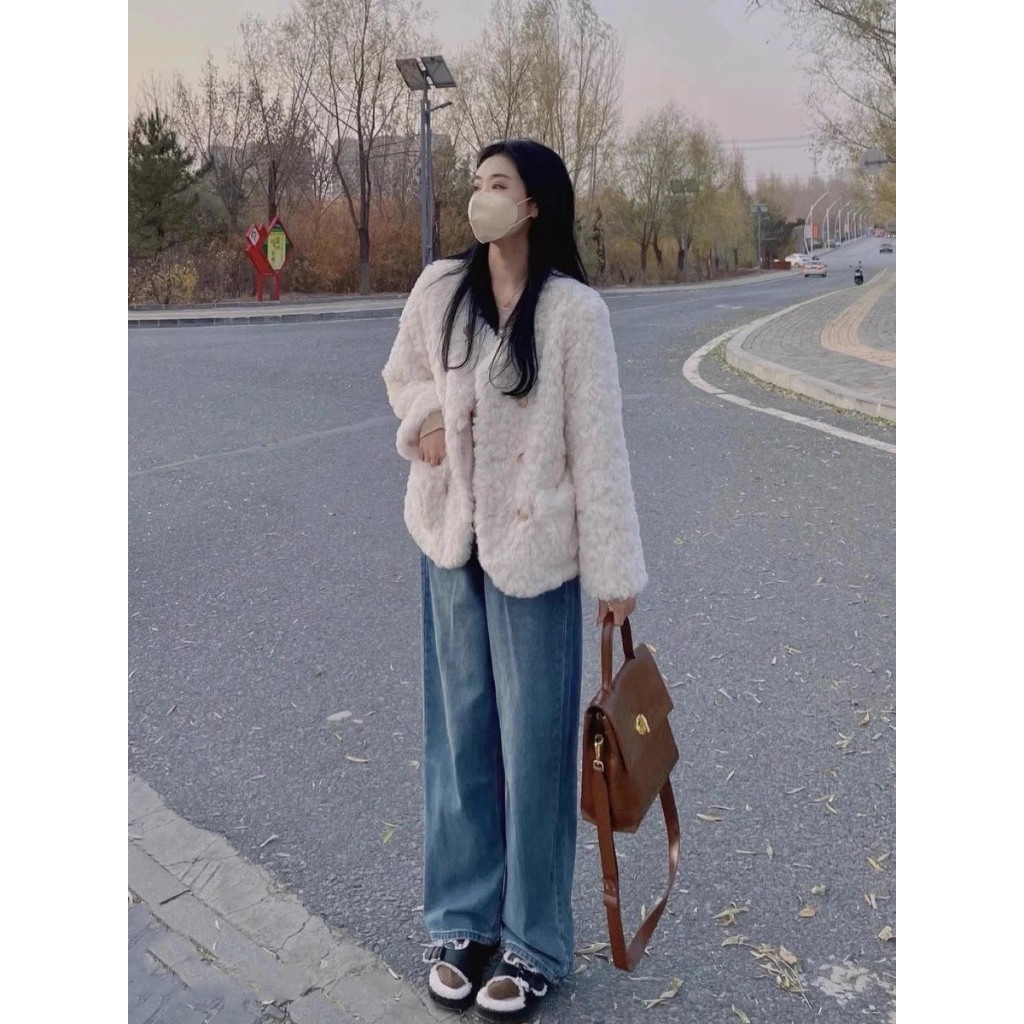 Áo khoác lông cừu dày dặn siêu ấm, áo khoác nữ cúc đồng phong cách Hàn Quốc