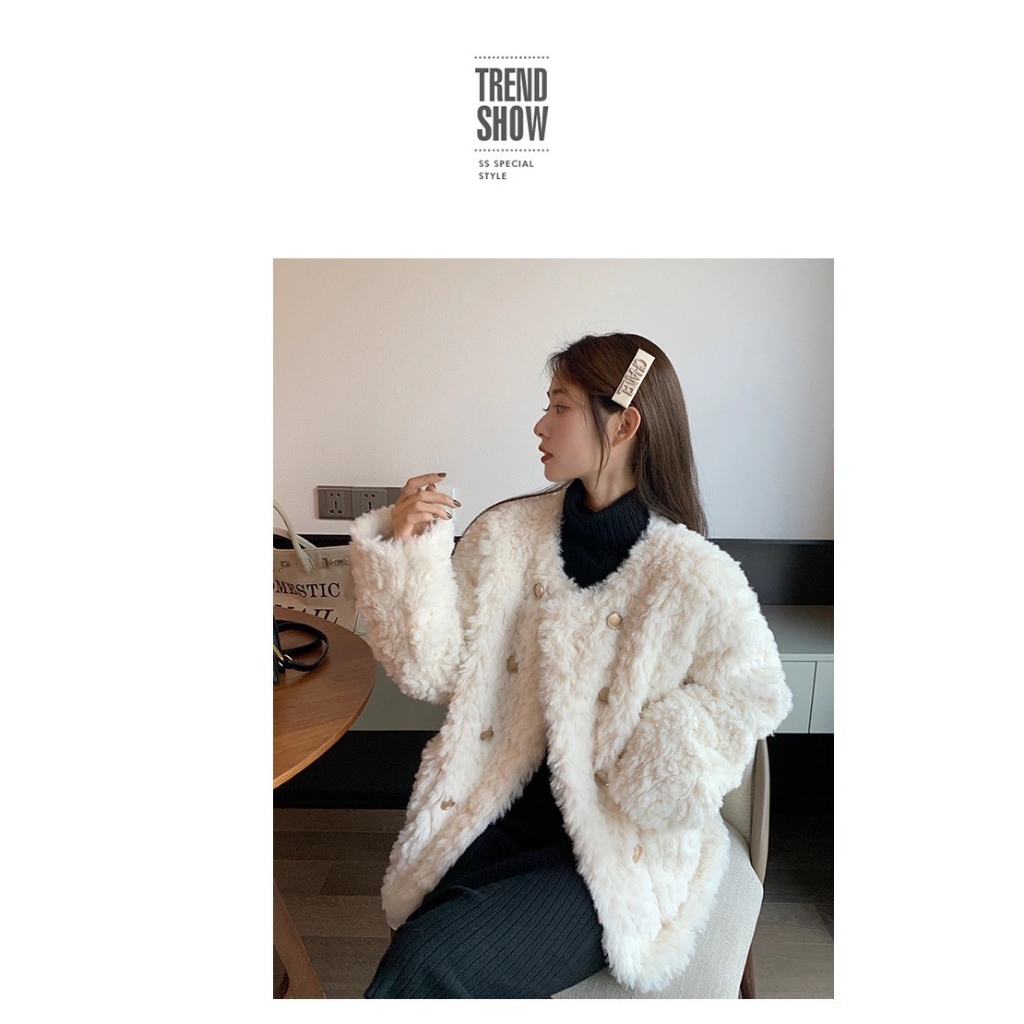 Áo khoác lông cừu dày dặn siêu ấm, áo khoác nữ cúc đồng phong cách Hàn Quốc