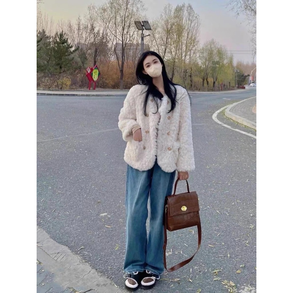 Áo khoác lông cừu dày dặn siêu ấm, áo khoác nữ cúc đồng phong cách Hàn Quốc