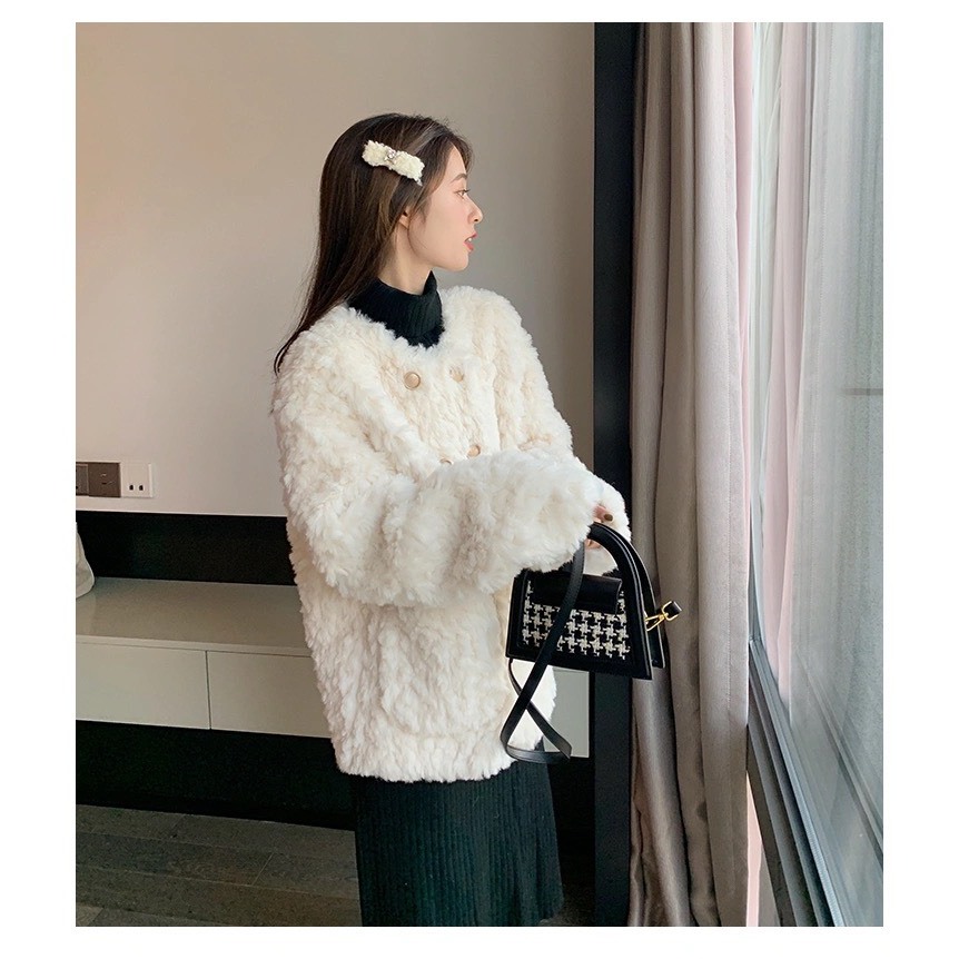 Áo khoác lông cừu dày dặn siêu ấm, áo khoác nữ cúc đồng phong cách Hàn Quốc