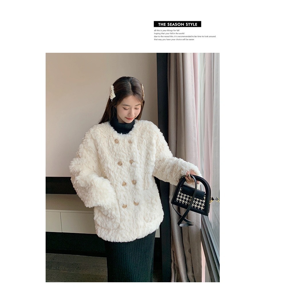 Áo khoác lông cừu dày dặn siêu ấm, áo khoác nữ cúc đồng phong cách Hàn Quốc