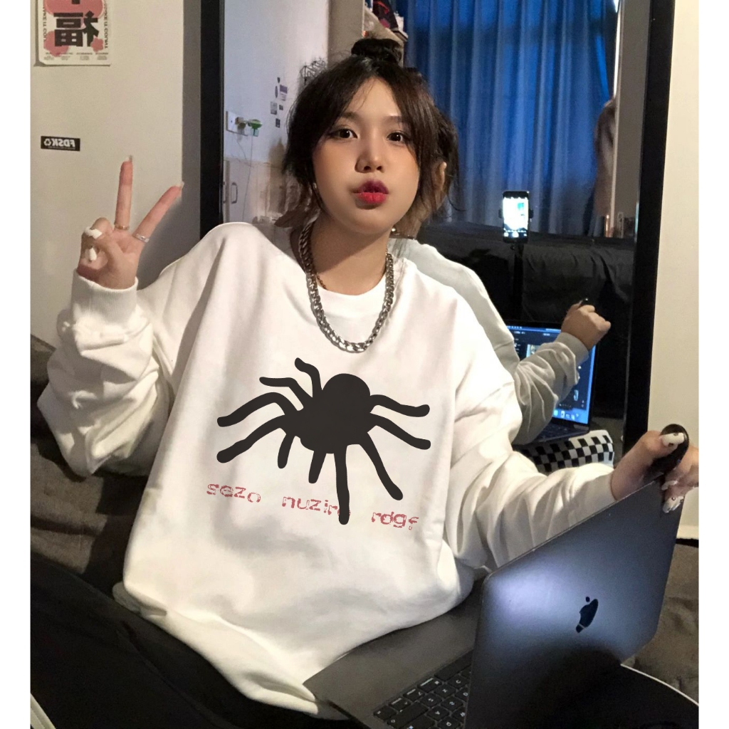 Focus local brand vintage trắng mô hình nhện cổ tròn áo nỉ nữ dày sweater bigsize unisex levents 100%cotton