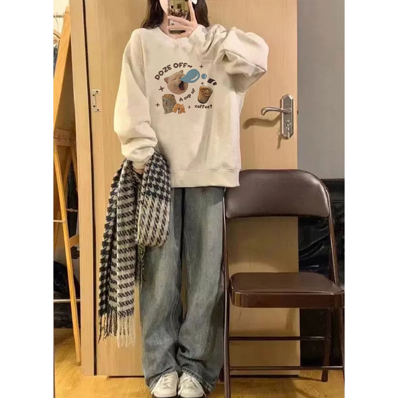 Focus local brand vintage xám cổ tròn áo nỉ nữ dày sweater bigsize unisex levents 100%cotton