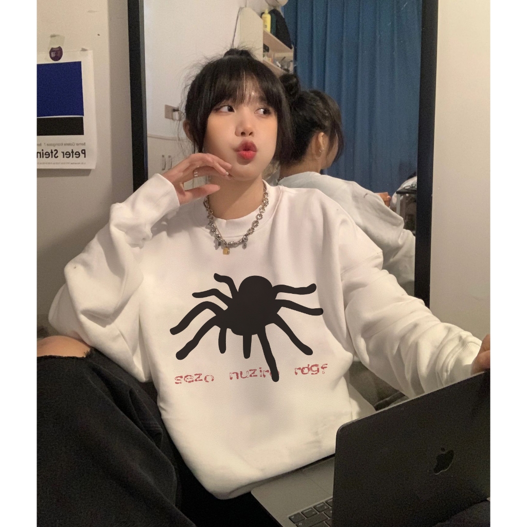 Focus local brand vintage trắng mô hình nhện cổ tròn áo nỉ nữ dày sweater bigsize unisex levents 100%cotton