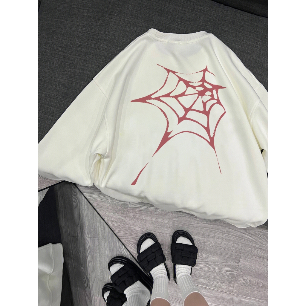 Focus local brand vintage trắng mô hình nhện cổ tròn áo nỉ nữ dày sweater bigsize unisex levents 100%cotton