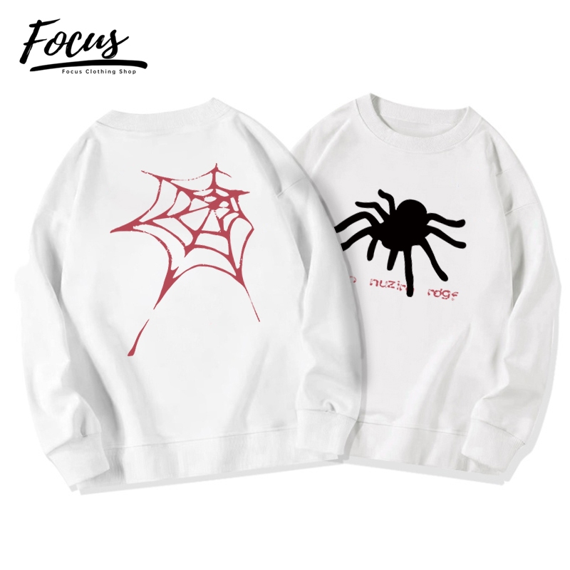 Focus local brand vintage trắng mô hình nhện cổ tròn áo nỉ nữ dày sweater bigsize unisex levents 100%cotton