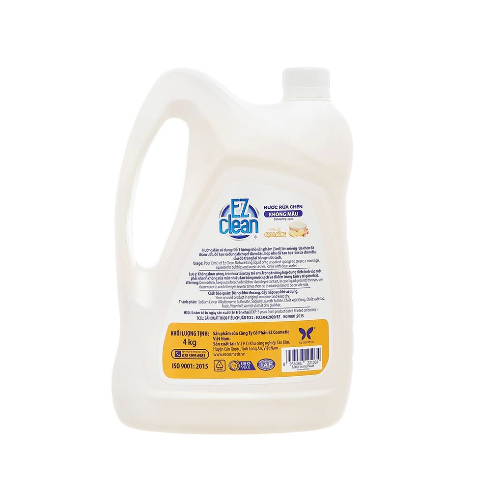 Nước rửa chén không màu EZ CLEAN chiết xuất gạo trà xanh / gừng can 4kg