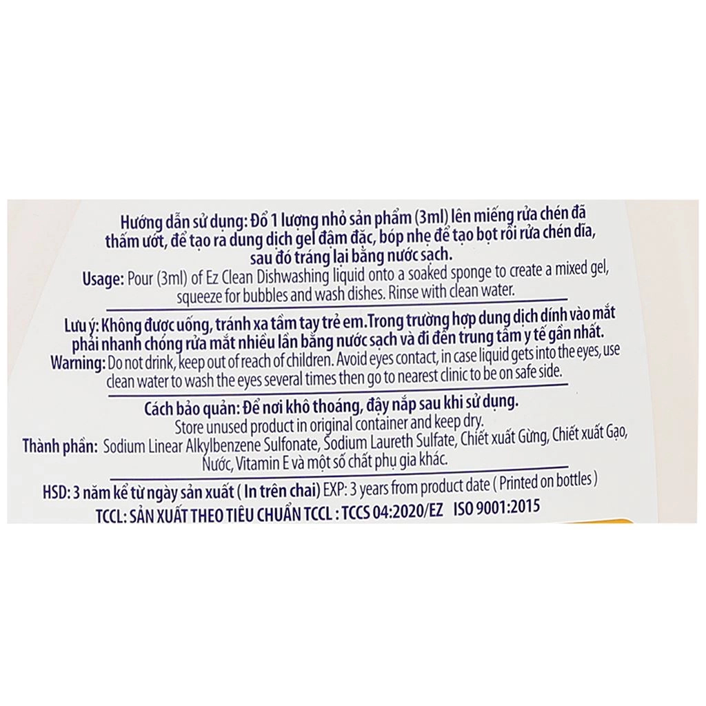 Nước rửa chén không màu EZ CLEAN chiết xuất gạo trà xanh / gừng can 4kg