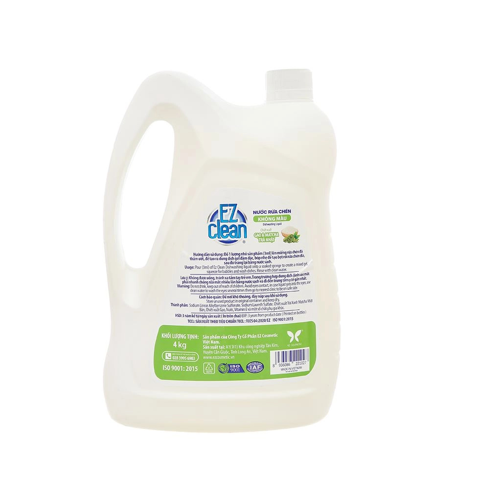Nước rửa chén không màu EZ CLEAN chiết xuất gạo trà xanh / gừng can 4kg