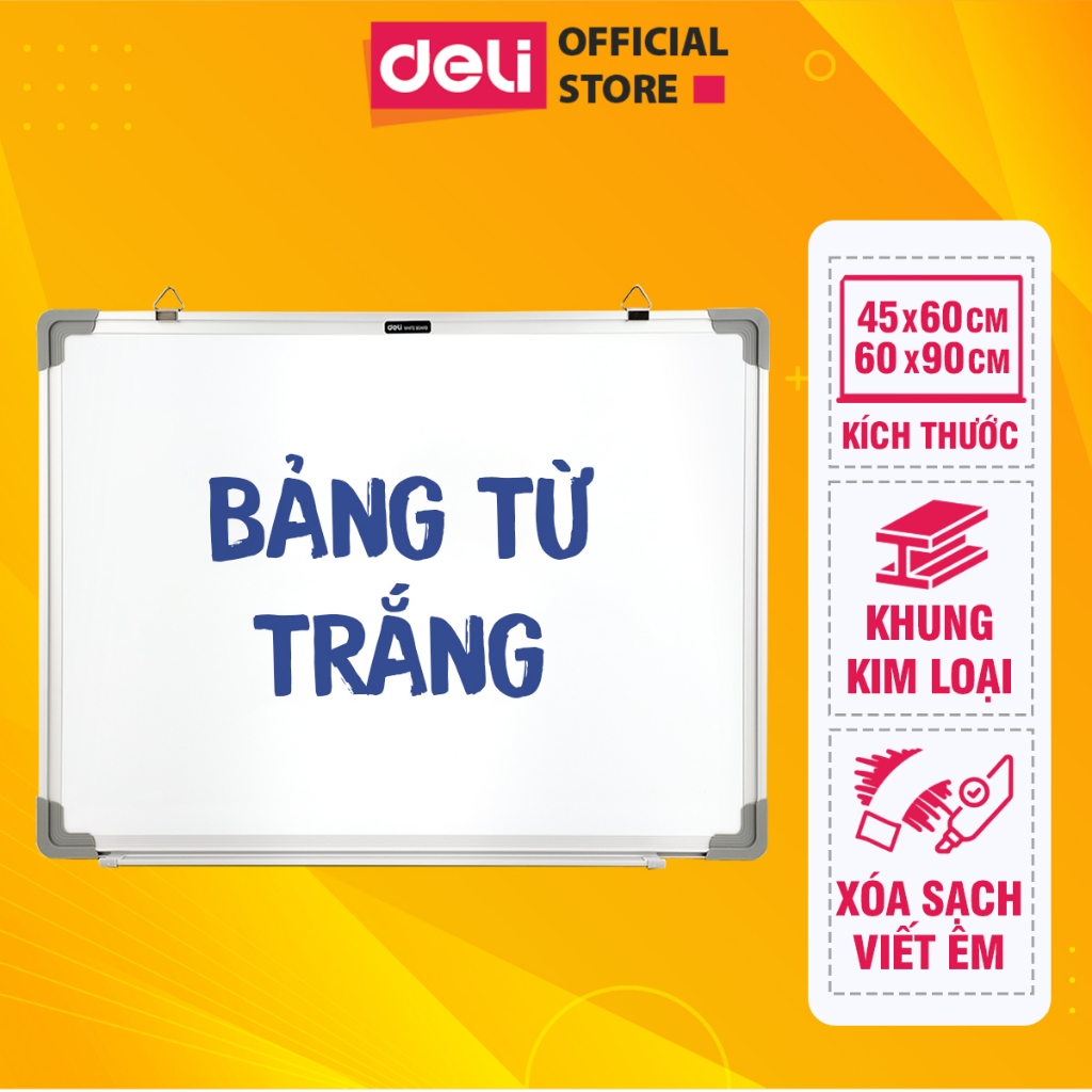 Bảng Từ Trắng Viết Bút Lông Deli Bảng Mica Nam Châm, Có Khay Đựng Lau Bảng, Thiết Bị Dạy Học, Văn Phòng 60x45 | 90x60 cm