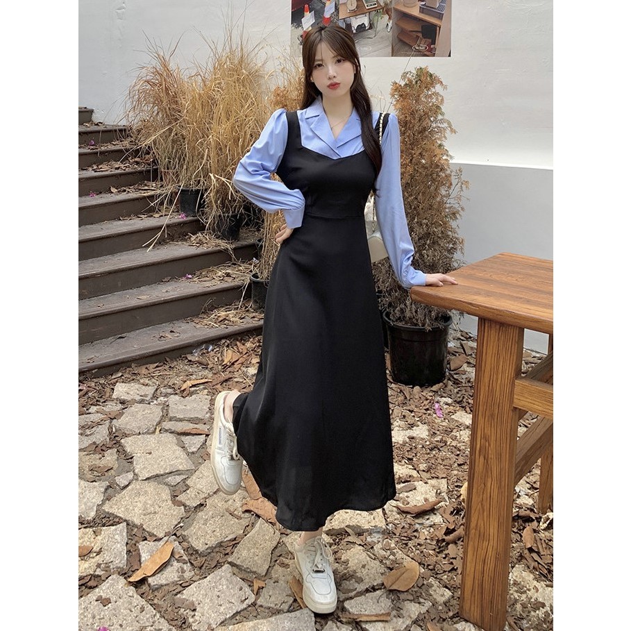 Đầm sơ mi xanh liền thân phong cách Hàn Quốc đáng yêu