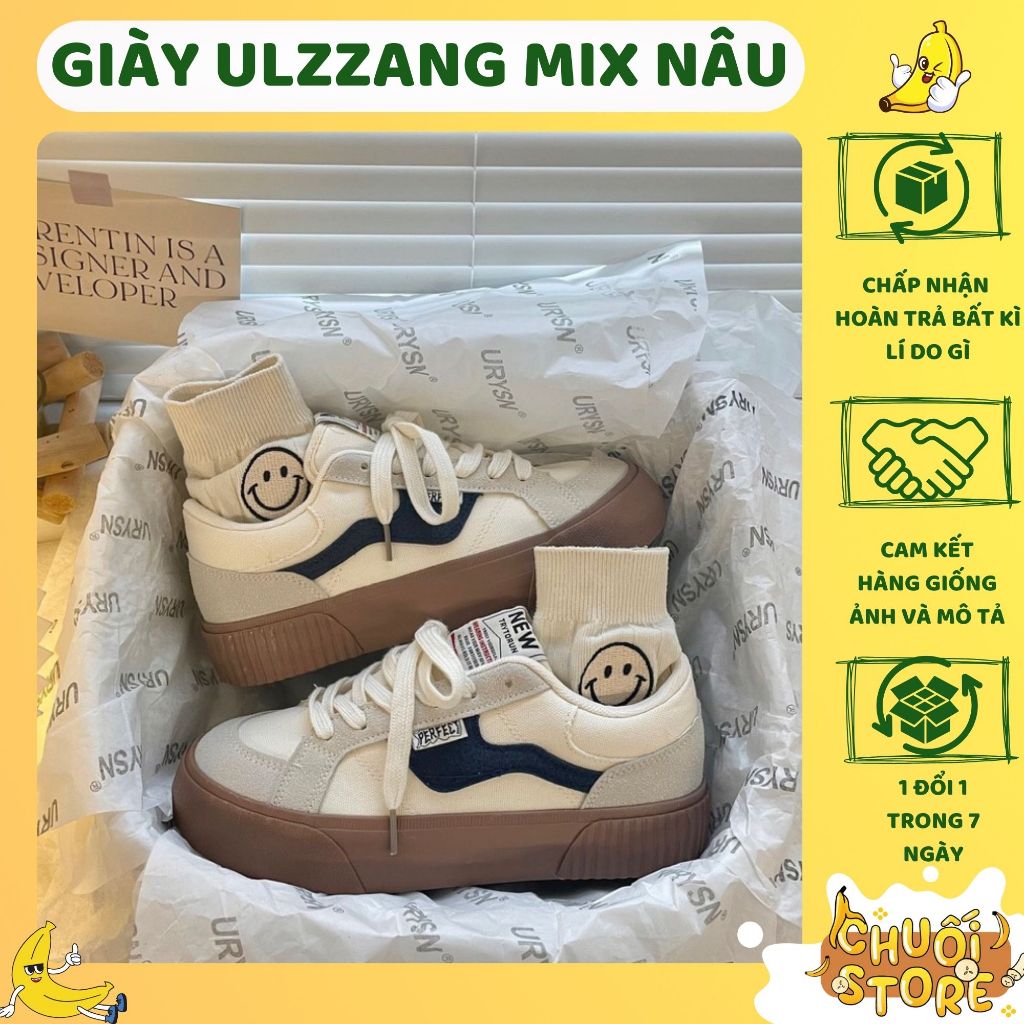Giày sneaker nữ đế nâu chất liệu canvas phối da lộn mũi tròn cao cấp đế cao 5cm phong cách hàn quốc