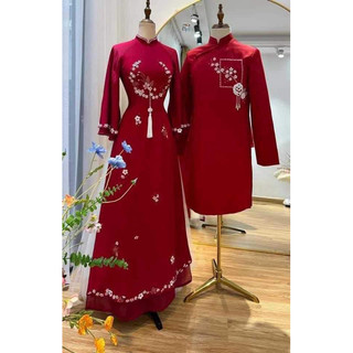 Áo dài cặp đỏ đô đính hoa