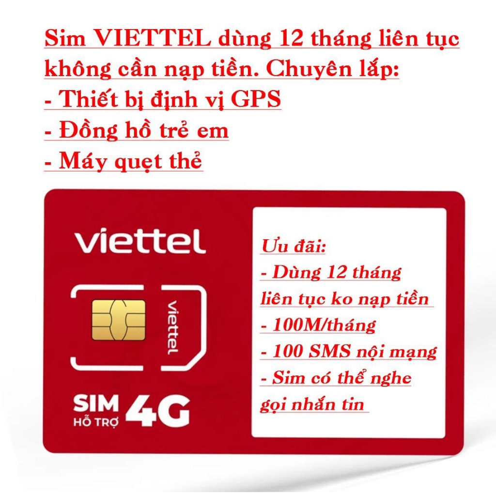 Sim VIETTEL Sim M2M sim thiết bị có 100Mb,200Mb,300Mb,500Mb,800Mb mỗi tháng. Trọn gói 6 tháng, 12 tháng.Chỉ 12-20k/tháng