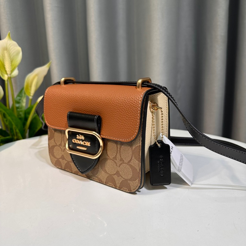 TÚI ĐEO CHÉO NỮ DA THẬT SIZE 18.5 MÀU NÂU DA CANVAS HOẠ TIẾT CHỮ PHỐI NÂU NẮP LOGO XE NGỰA QUAI ĐEO DA