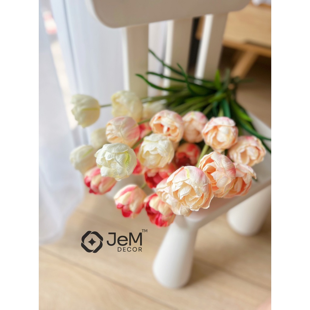 Hoa tulip cành kép 3 bông, hoa lụa giả, trang trí nhà cửa