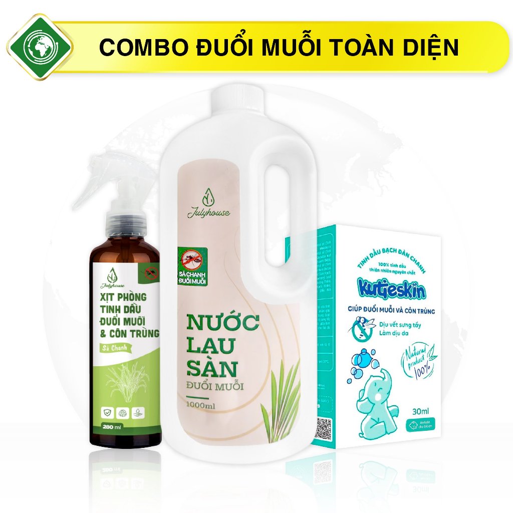 Combo đuổi muỗi, côn trùng toàn diện Julyhouse (Tinh dầu Bạch Đàn Chanh, Nước lau sàn sả chanh, Bình xịt phòng sả chanh)