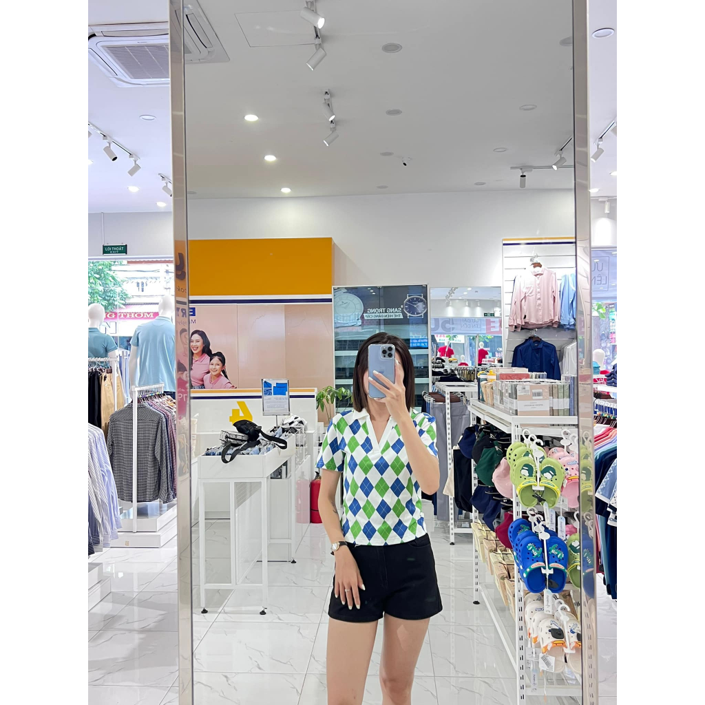 Áo thun polo nữ hoạ tiết chính hãng cổ bẻ cộc tay vải mắt chim thấm hút co giãn tốt APN6210