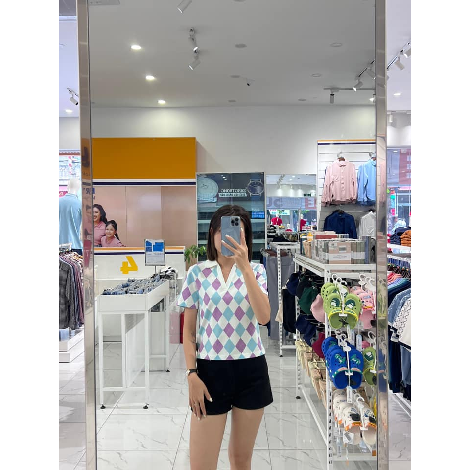 Áo thun polo nữ hoạ tiết chính hãng cổ bẻ cộc tay vải mắt chim thấm hút co giãn tốt APN6210