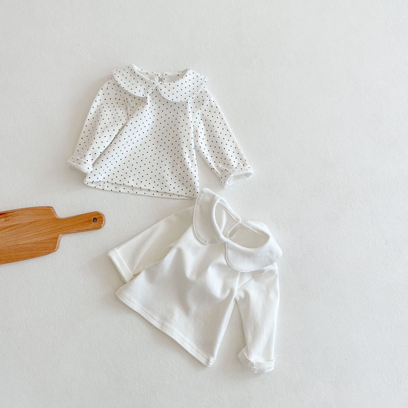 Áo thu đong cổ sen họa tiết trắng trơn, chấm bi dễ mix đồ siêu xinh cho bé