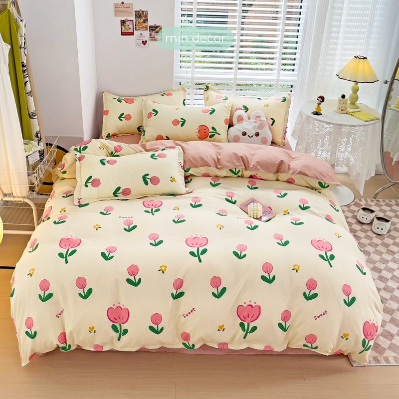 Bộ Chăn Ga Gối Cotton 3D Mịn Decor Dễ Thương, Drap Giường Kích Thước 1m2 1m4 1m6 1m8 2m 2m2 Không Kèm Ruột
