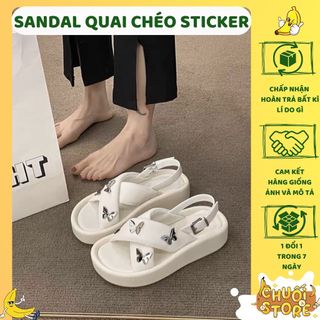 Giày sandal nữ quai đan chéo khuy sticker kim loại đính sang chảnh chất da PU cao cấp đế cao 4cm